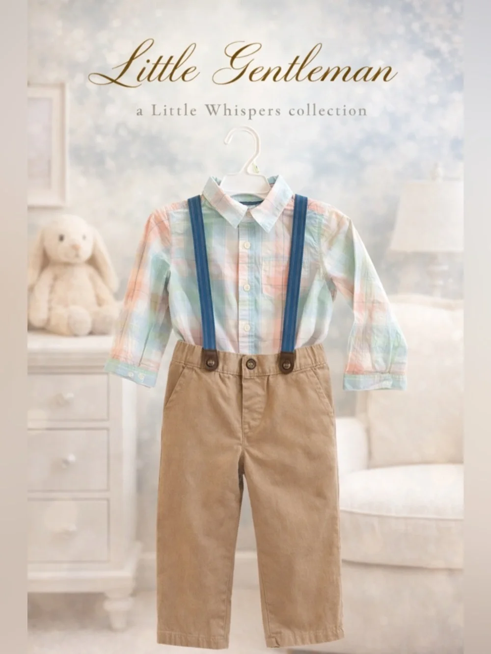 Carter’s 24M Boys Outfit Plaid Shirt Suspenders Khaki Pants Set